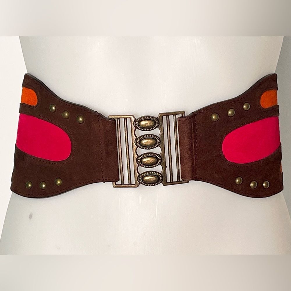 Boho Wide Leather Belt Butterfly-Inspired Design Antique Stud Accents Size Small - Picture 2 of 6